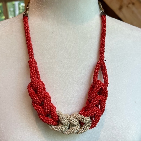 Red Orange White Beaded Braided Chunky Necklace 24” with 4” extension - Picture 1 of 11